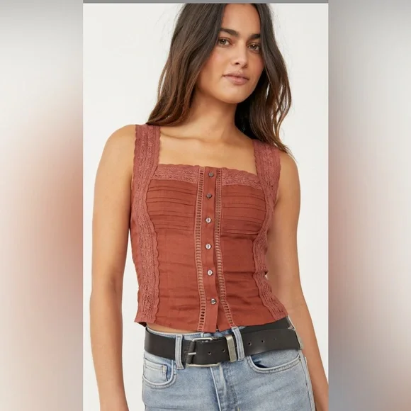 New! Free People Brown Maggie Lace Tank - Picture 2 of 9